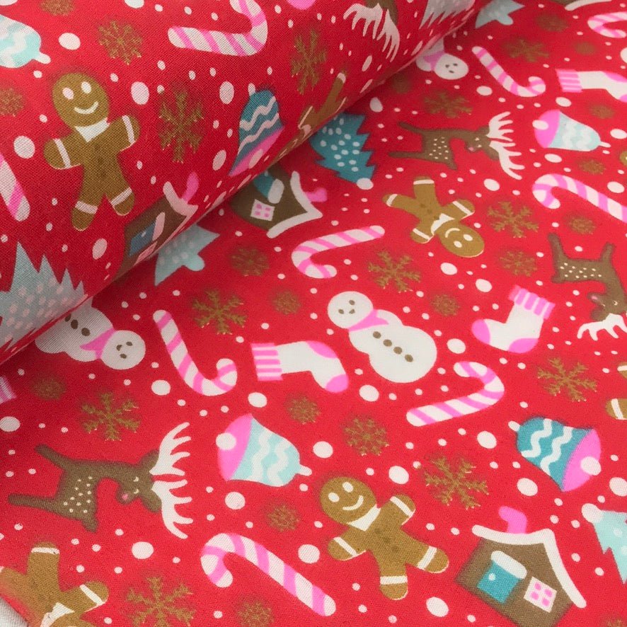Christmas Party Polycotton Fabric Xmas Crafts 45", Red - Bull Ring Fabrics