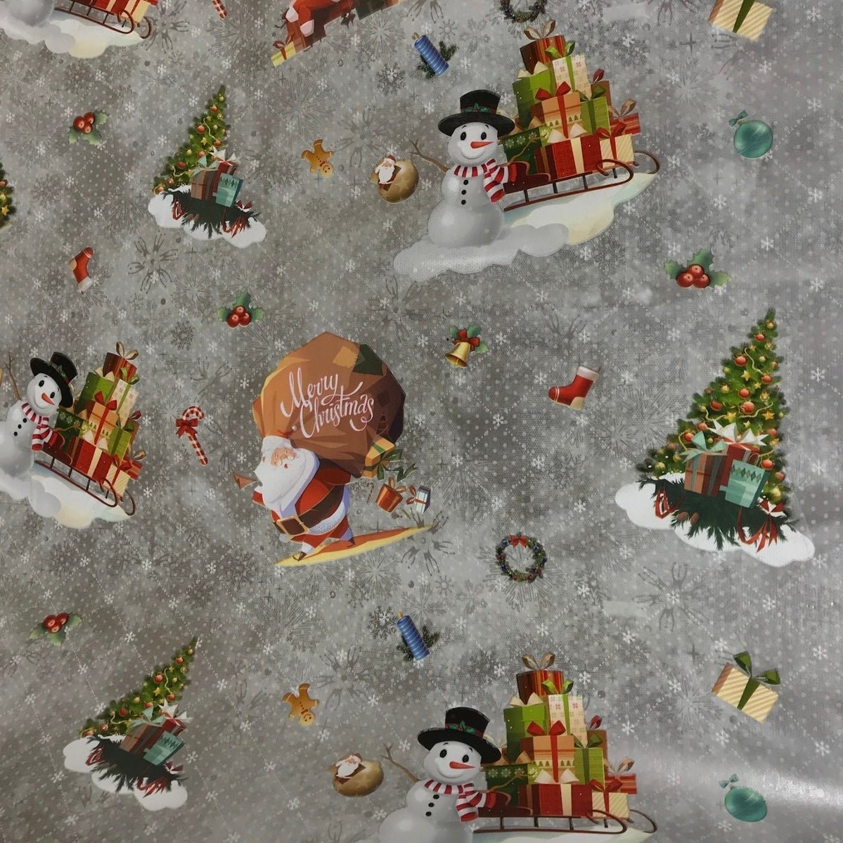 Christmas Print Santa Xmas Tablecloth PVC Fabric, Silver - Bull Ring Fabrics