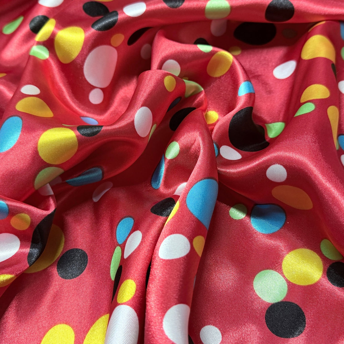 Colourful Polka Dot Spots Spotty Satin Dress Fabric 60", Red - Bull Ring Fabrics