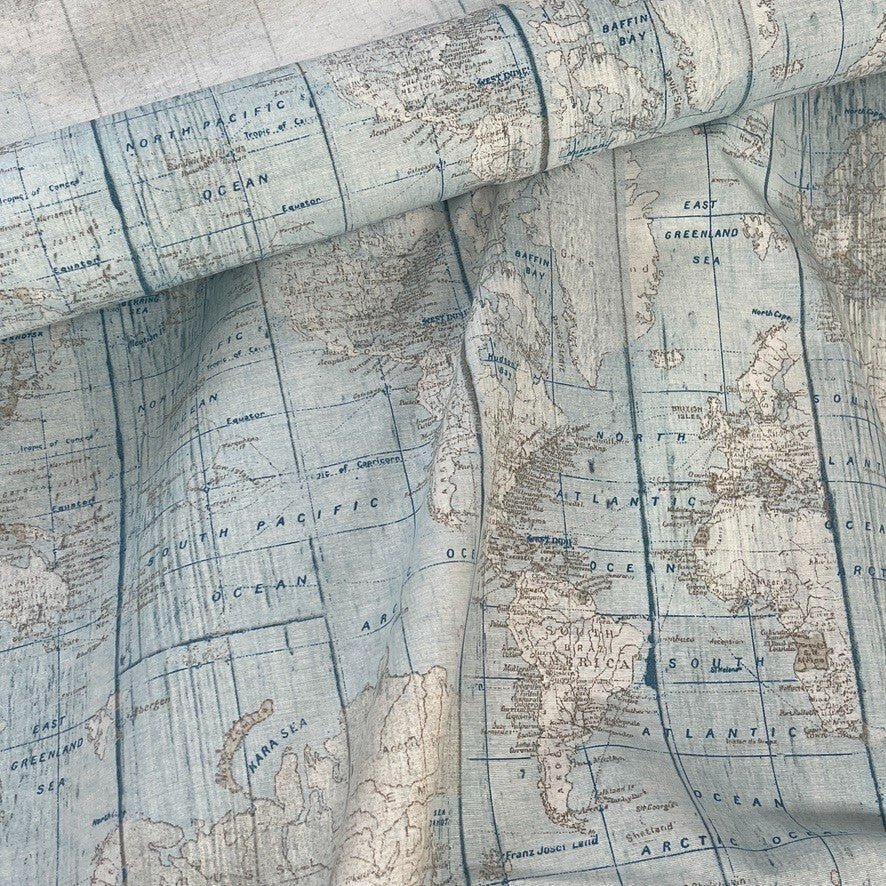 World Map Atlas Print Cotton Linen Look Fabric, Upholstery & Curtains 140cm - image 6 - Bull Ring Fabrics