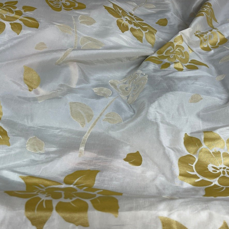 Cream Velvet Flock Taffeta Fabric Gold Floral Roses Dress Material 150cm - Bull Ring Fabrics