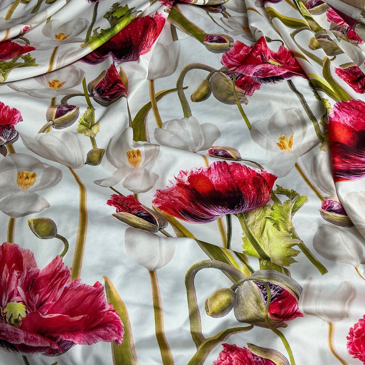 Digital Print Floral Flowers Silk Touch Satin Dress Fabric 60" Off White - Bull Ring Fabrics