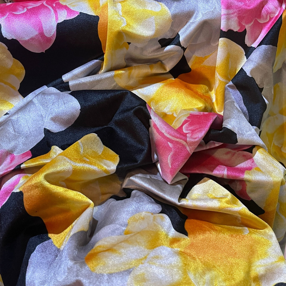 Floral Flowers Digital Printed Plush Velvet Upholstery Fabric, Black - Bull Ring Fabrics