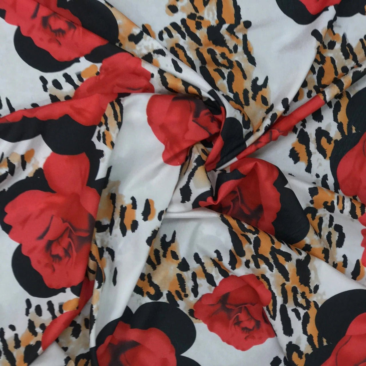 Floral Leopard Print Crepe Fabric Red Rose Animal Print Dress Material - Bull Ring Fabrics