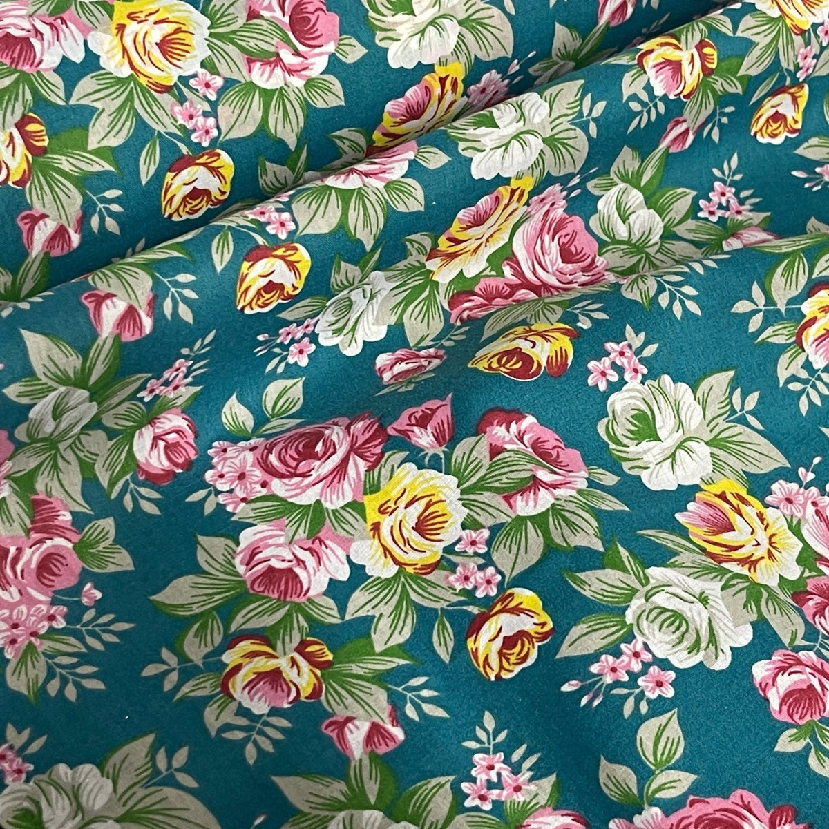 Floral Polycotton Fabric – Vintage Rose Print On Teal Green | 45” Wide Sewing & Craft Material - Bull Ring Fabrics