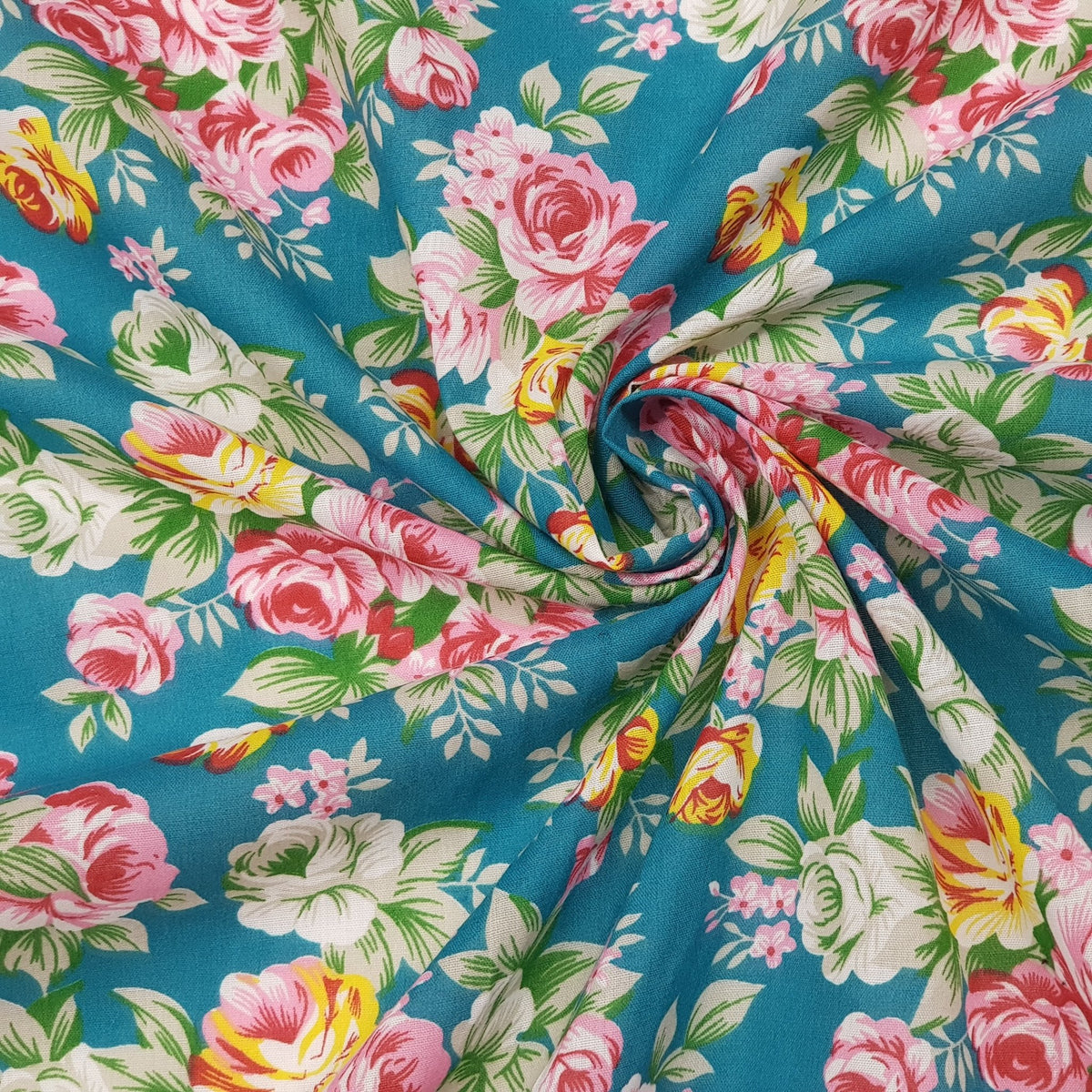 Floral Polycotton Fabric – Vintage Rose Print On Teal Green | 45” Wide Sewing & Craft Material - Bull Ring Fabrics