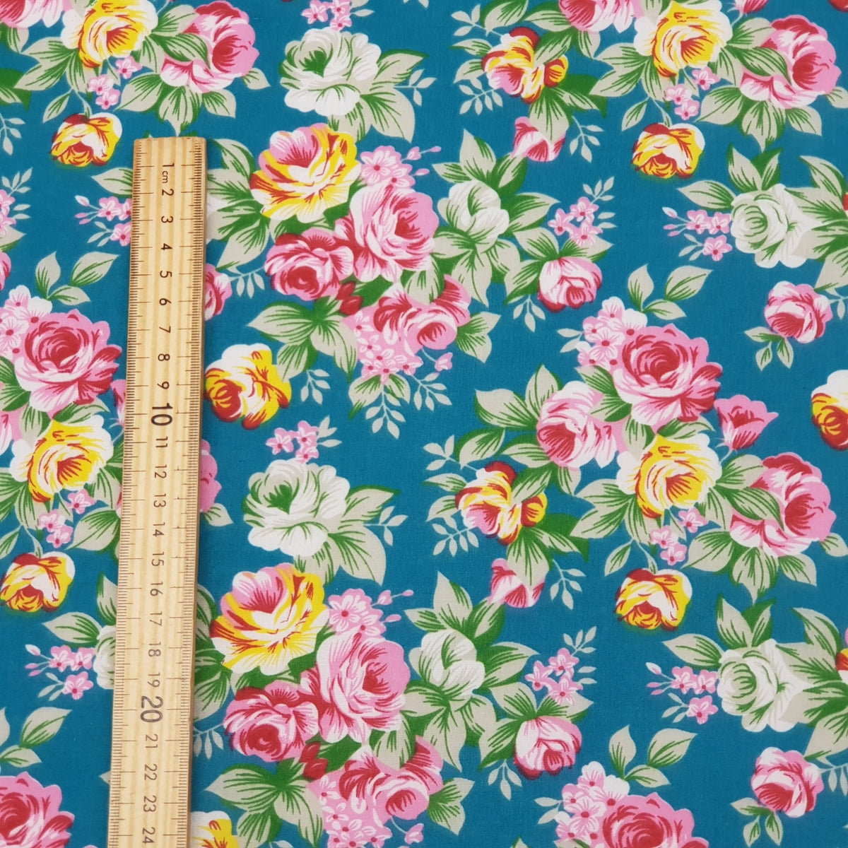 Floral Polycotton Fabric – Vintage Rose Print On Teal Green | 45” Wide Sewing & Craft Material - Bull Ring Fabrics