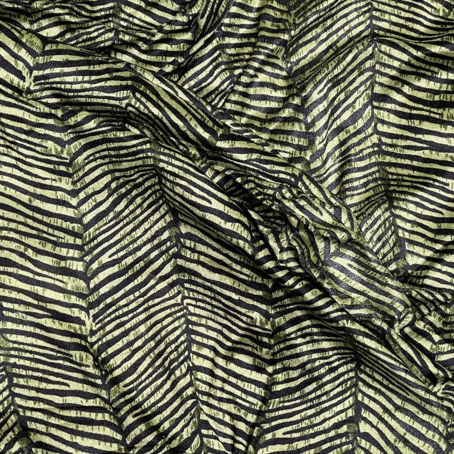 Green Black Zebra Print Velvet Dress Elastic Waist Textured Animal Print - Bull Ring Fabrics