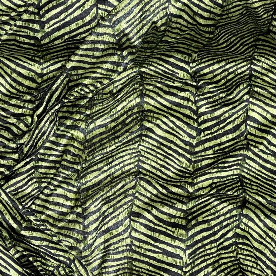 Green Black Zebra Print Velvet Dress Elastic Waist Textured Animal Print - Bull Ring Fabrics