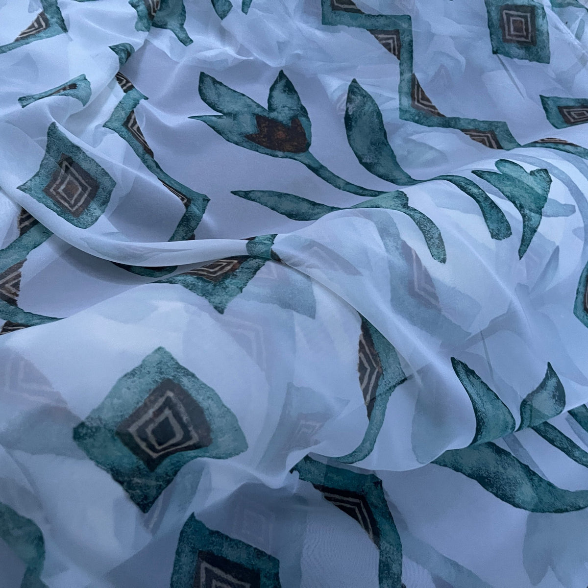Green Bold Abstract Floral Voile Fabric 150cm, White - Bull Ring Fabrics