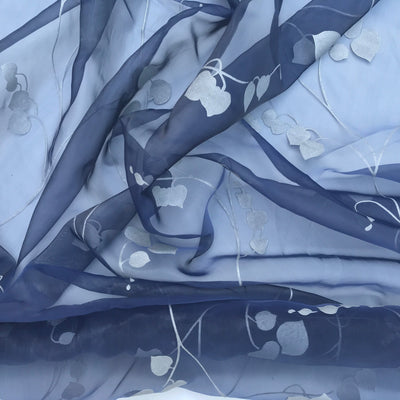 Grey Eucalyptus Leaves Organza Fabric Floral Vine Print Dress Craft, Navy - Bull Ring Fabrics