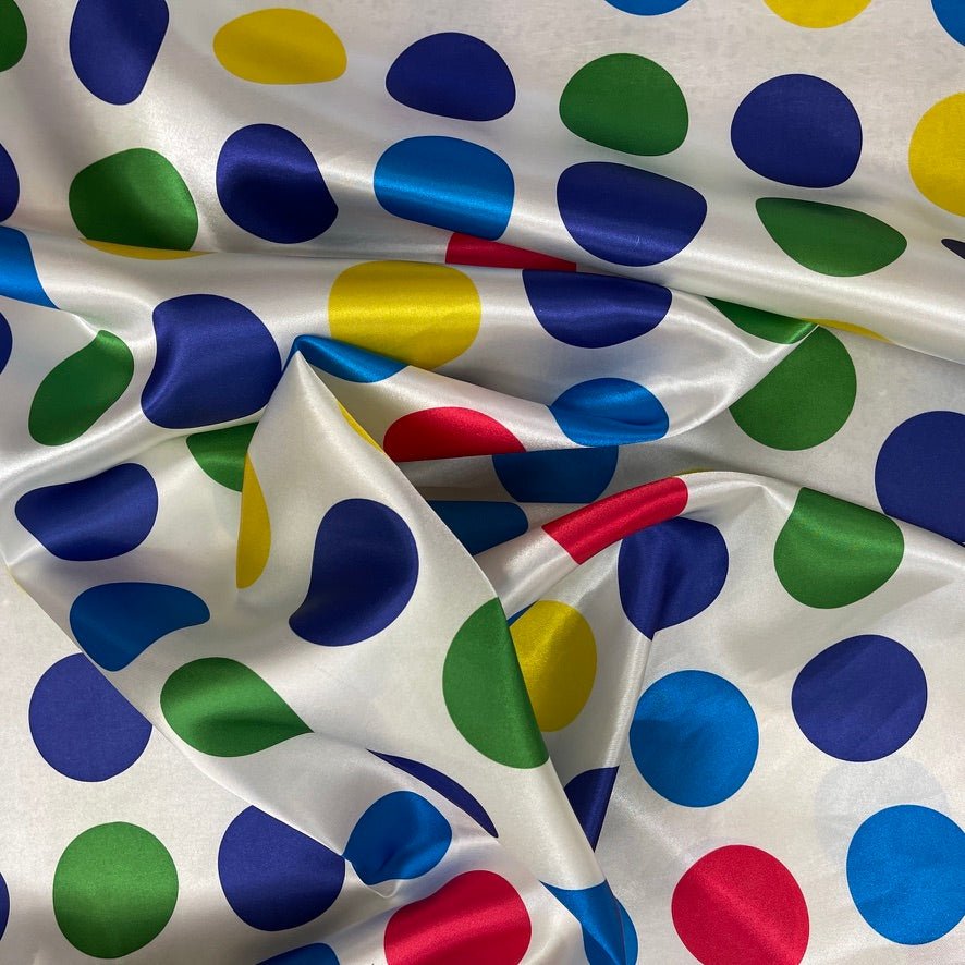 Large Retro Twister Spots Satin Fabric 60", White - Bull Ring Fabrics