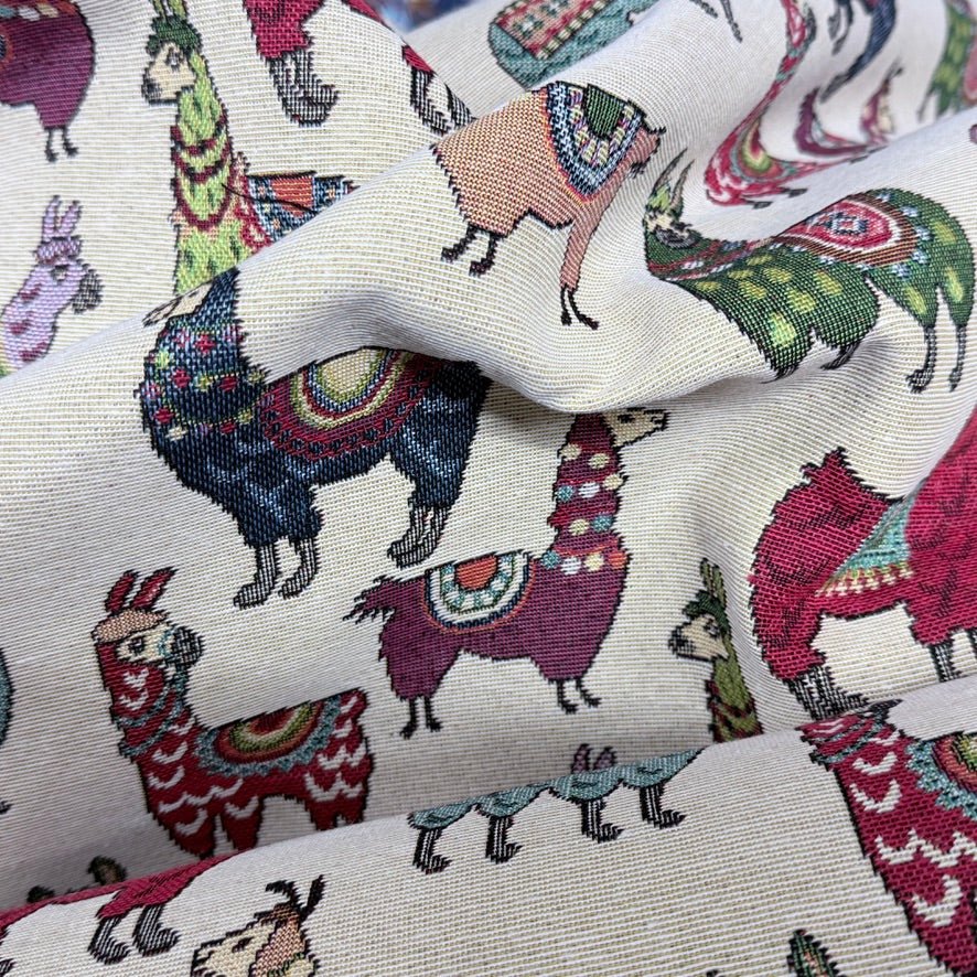 Llamas Animals Tapestry Upholstery Fabric 140cm, Cream - Bull Ring Fabrics