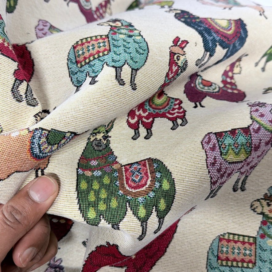 Llamas Animals Tapestry Upholstery Fabric 140cm, Cream - Bull Ring Fabrics