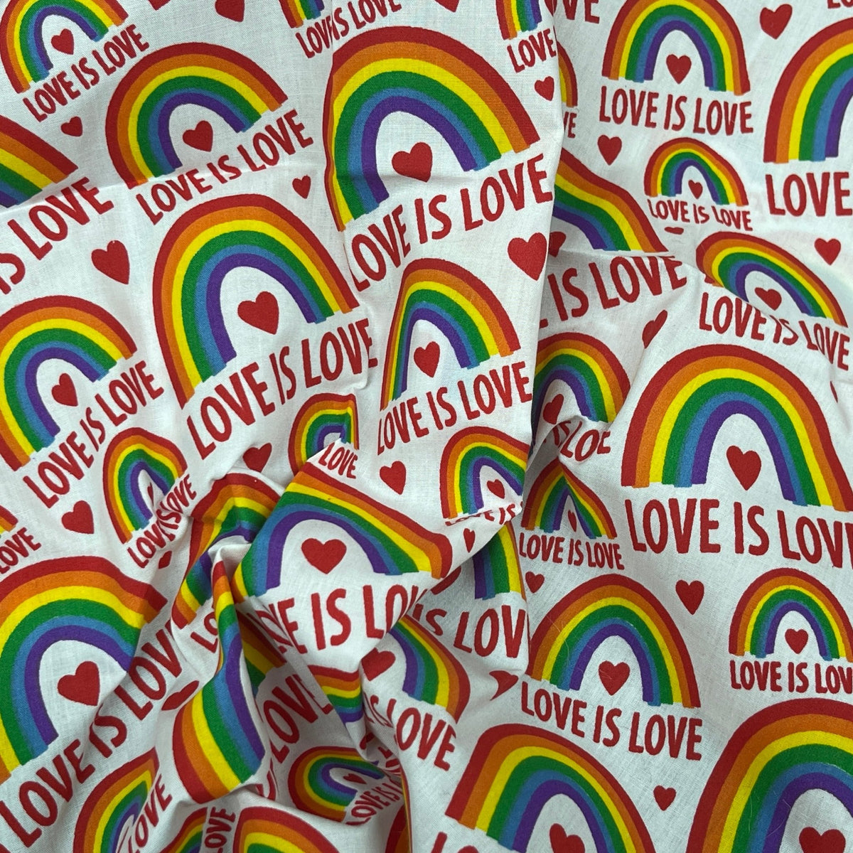 Love is Love Rainbow Polycotton Dress Craft Fabric 45", White - Bull Ring Fabrics