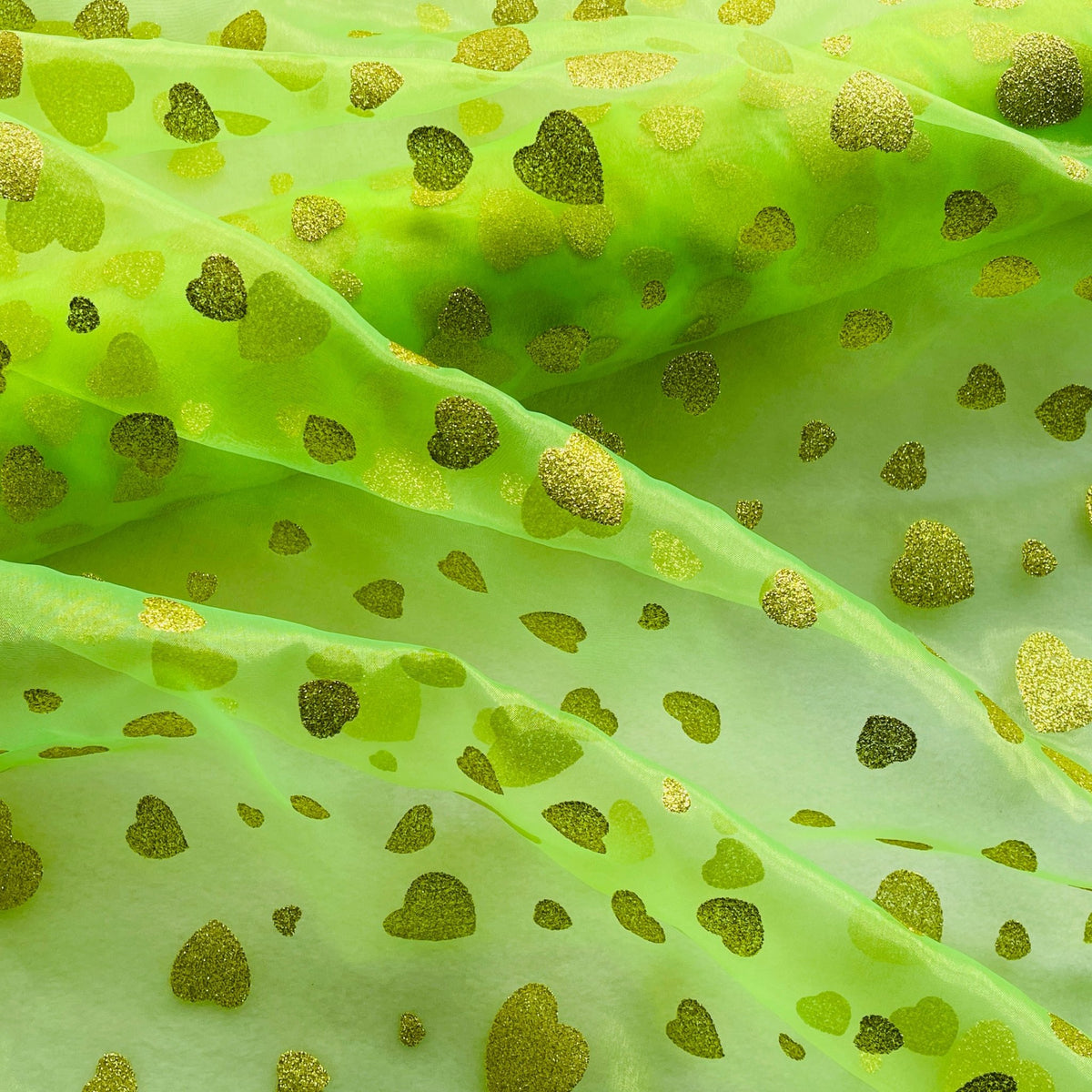 Metallic Glitter Gold Hearts Organza Fabric Dress Draping 150cm, Fluorescent Green - Bull Ring Fabrics