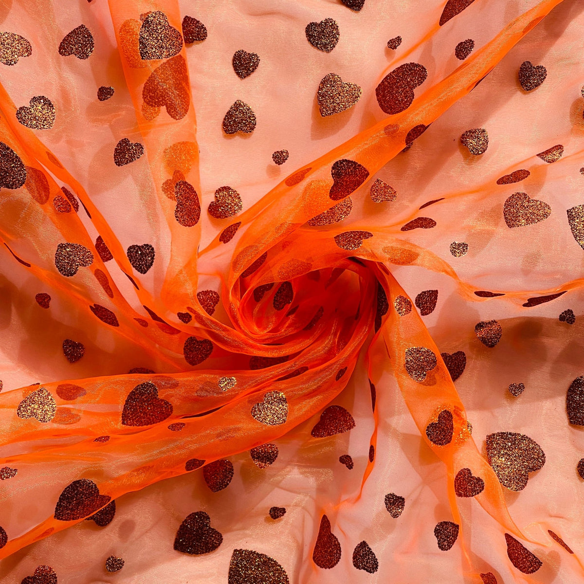 Metallic Glitter Gold Hearts Organza Fabric Dress Draping 150cm, Fluorescent Orange - Bull Ring Fabrics