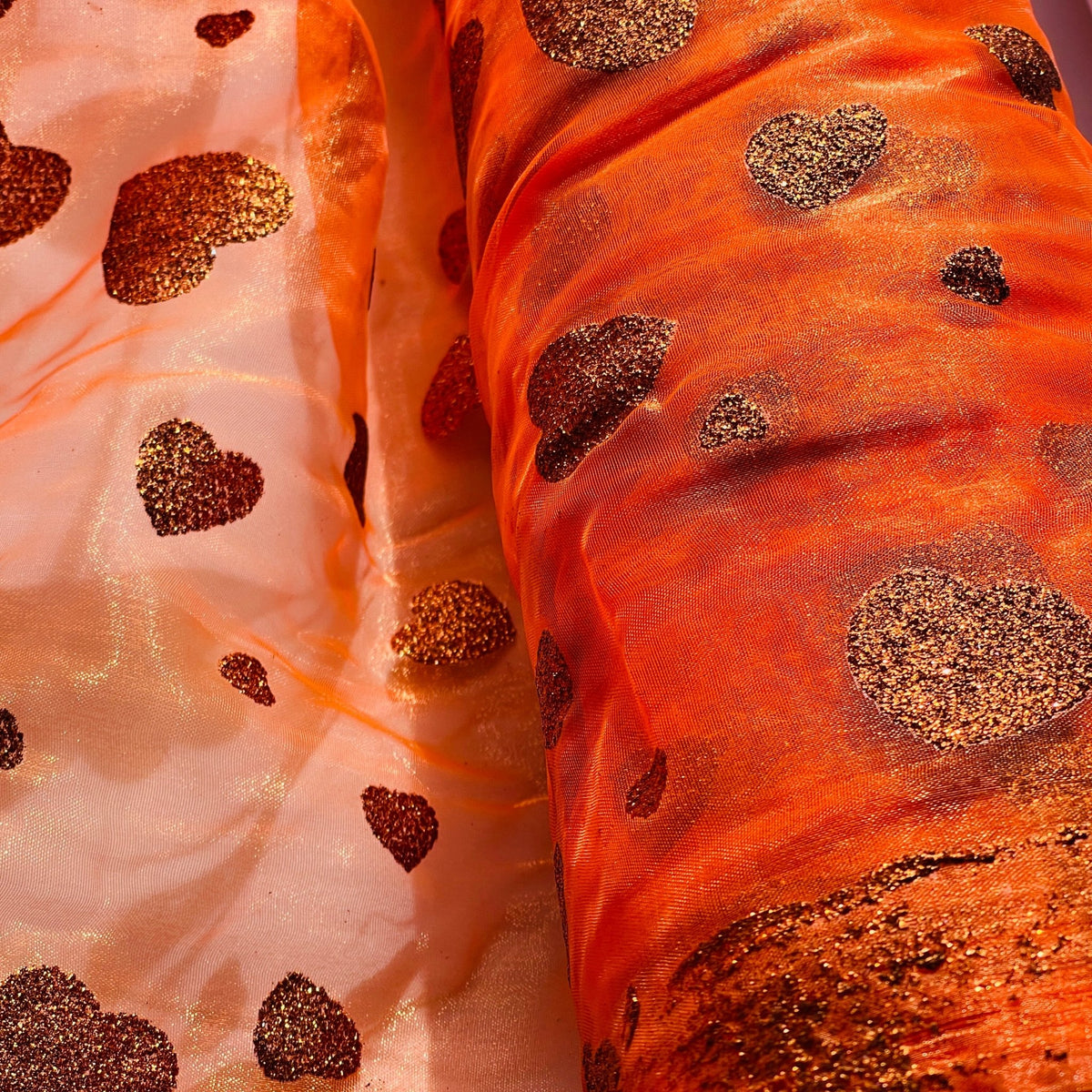 Metallic Glitter Gold Hearts Organza Fabric Dress Draping 150cm, Fluorescent Orange - Bull Ring Fabrics