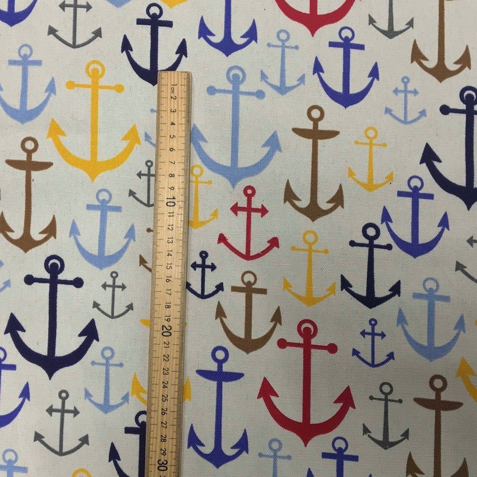 Nautical Sailors Anchors Print Cotton Canvas Fabric Upholstery, Off White - Bull Ring Fabrics