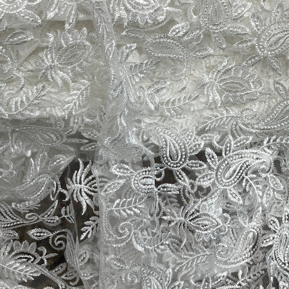 PAISLEY Net Lace Fabric Dress Bridal Wedding Lace Bespoke Pattern 54” CREAM - Bull Ring Fabrics
