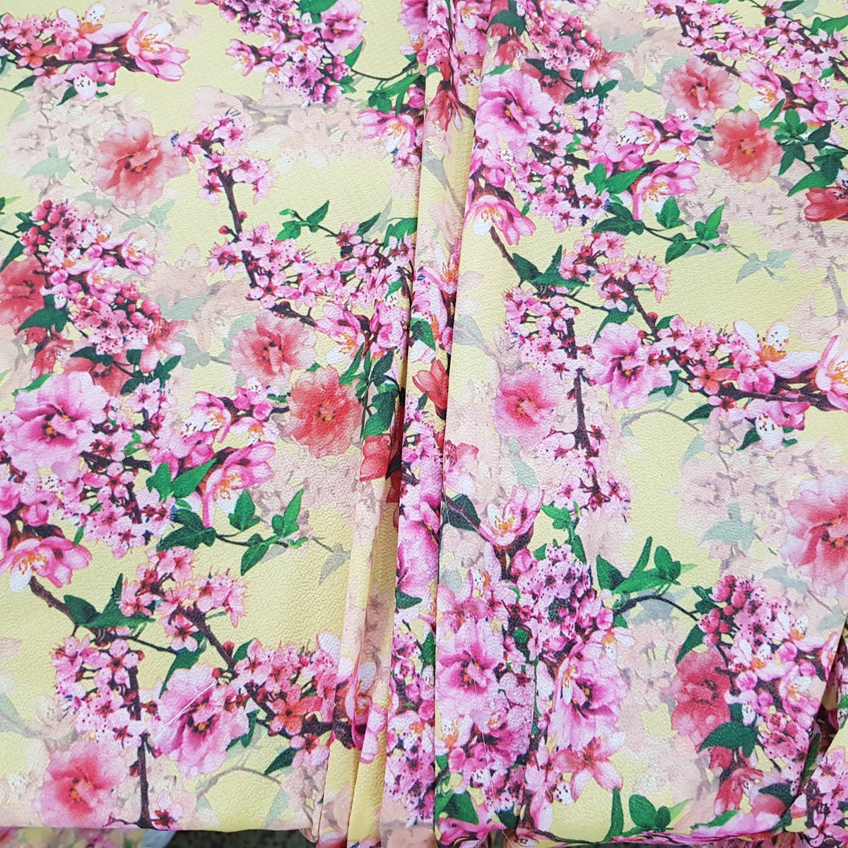 Peach Blossom Floral Flowers Bubble Crepe Dress Fabric, Yellow - Bull Ring Fabrics