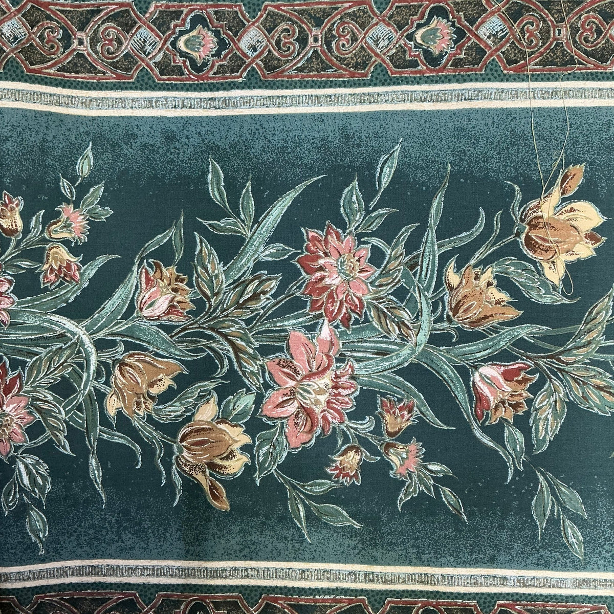 Peach Floral Flowers Vintage Cotton Canvas Curtain Fabric 140cm, Teal Green - Bull Ring Fabrics