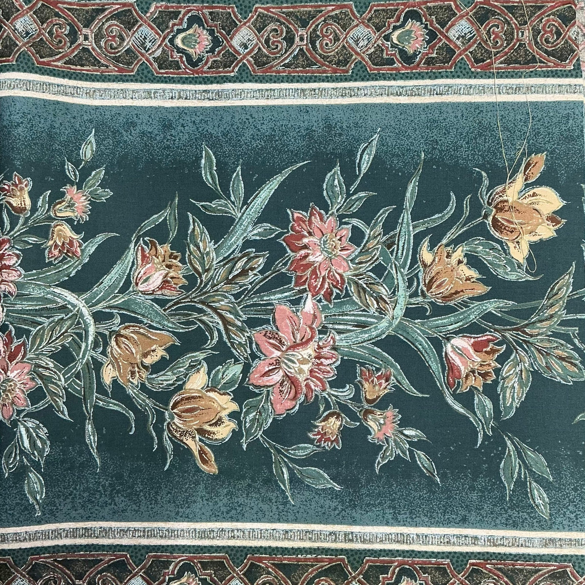 Peach Floral Flowers Vintage Cotton Canvas Curtain Fabric 140cm, Teal Green - Bull Ring Fabrics