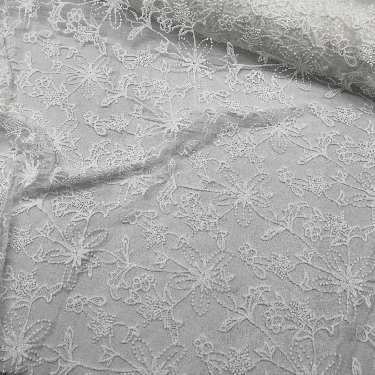 Premium Lace Embroidery Tulle/Net Lace Liberty Floral Flower Fabric, Cream - Bull Ring Fabrics