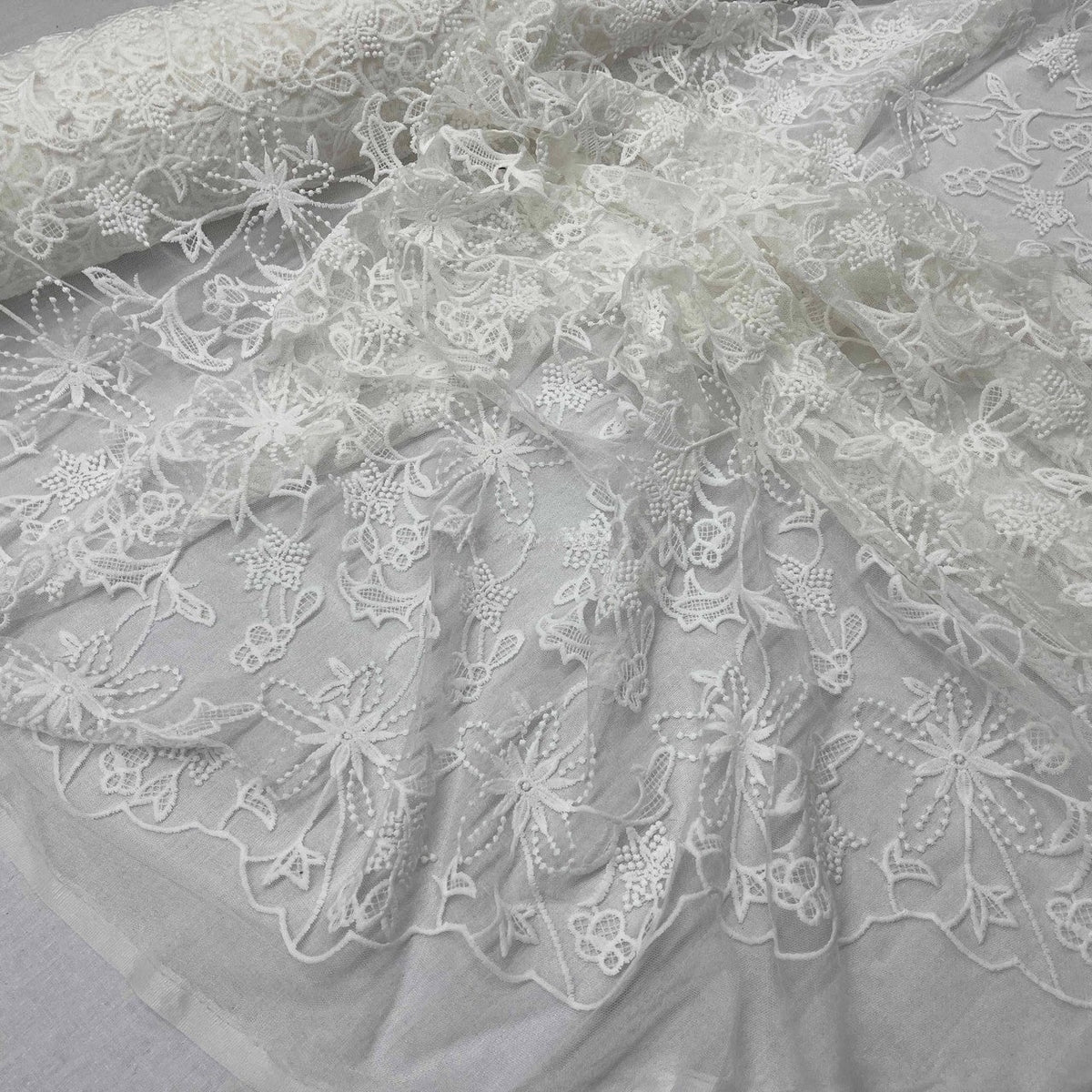 Premium Lace Embroidery Tulle/Net Lace Liberty Floral Flower Fabric, Cream - Bull Ring Fabrics