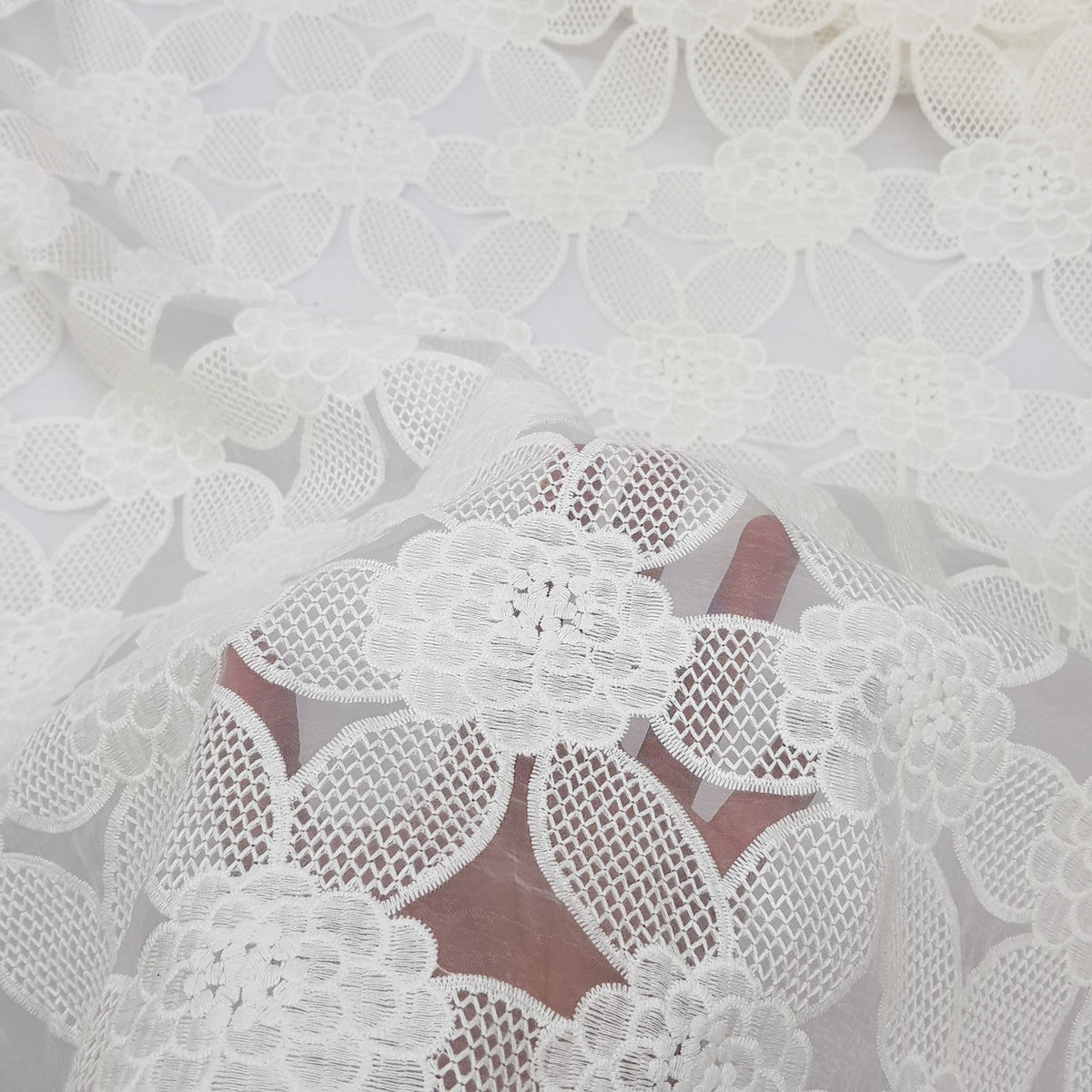 Premium Lace Guipure Floral Applique Organza Lace Fabric, Cream - Bull Ring Fabrics