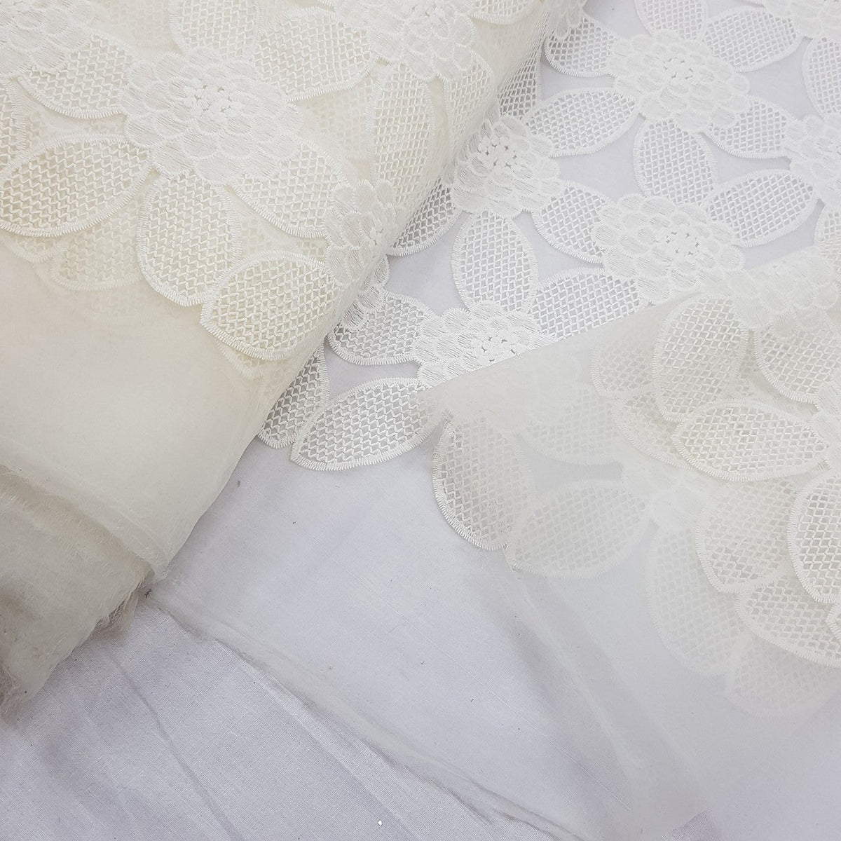 Premium Lace Guipure Floral Applique Organza Lace Fabric, Cream - Bull Ring Fabrics