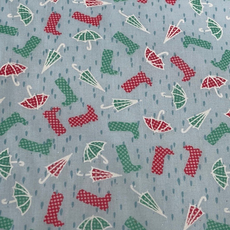Rainy Day Wellies & Umbrellas Polycotton Fabric – Light Blue Novelty Print Dressmaking & Craft Fabric, 45” Wide - Bull Ring Fabrics