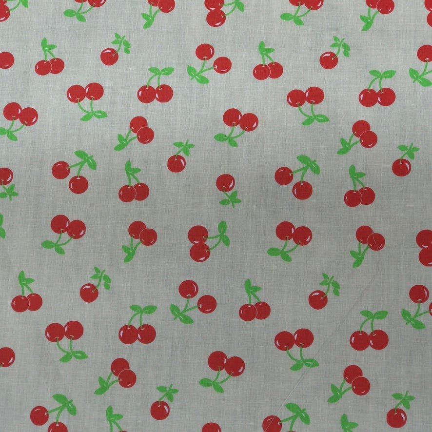 Red Cherries Printed Polycotton Fabric 112cm, Cream - Bull Ring Fabrics