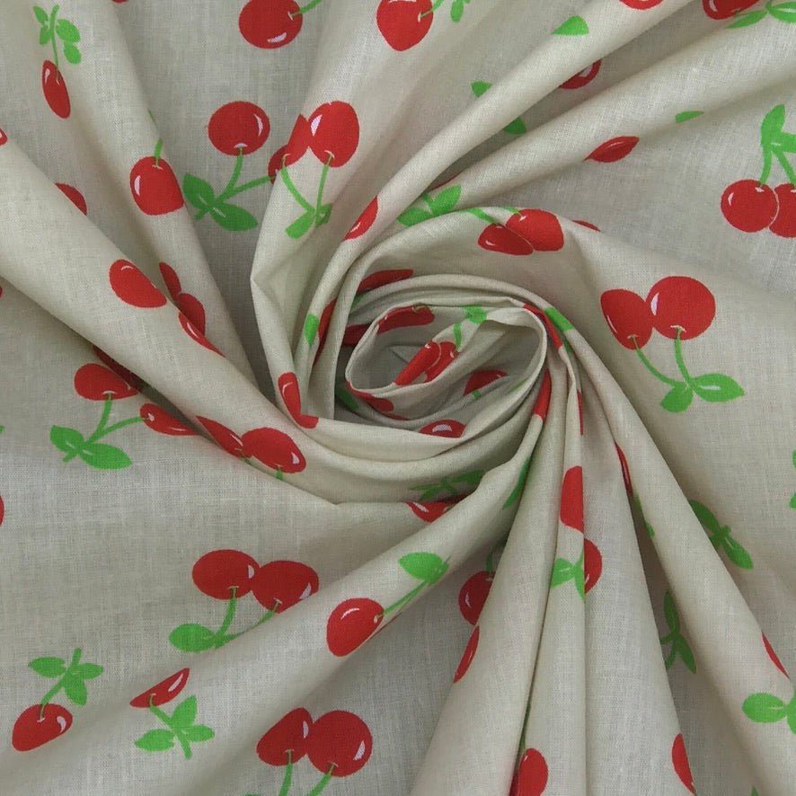 Red Cherries Printed Polycotton Fabric 112cm, Cream - Bull Ring Fabrics