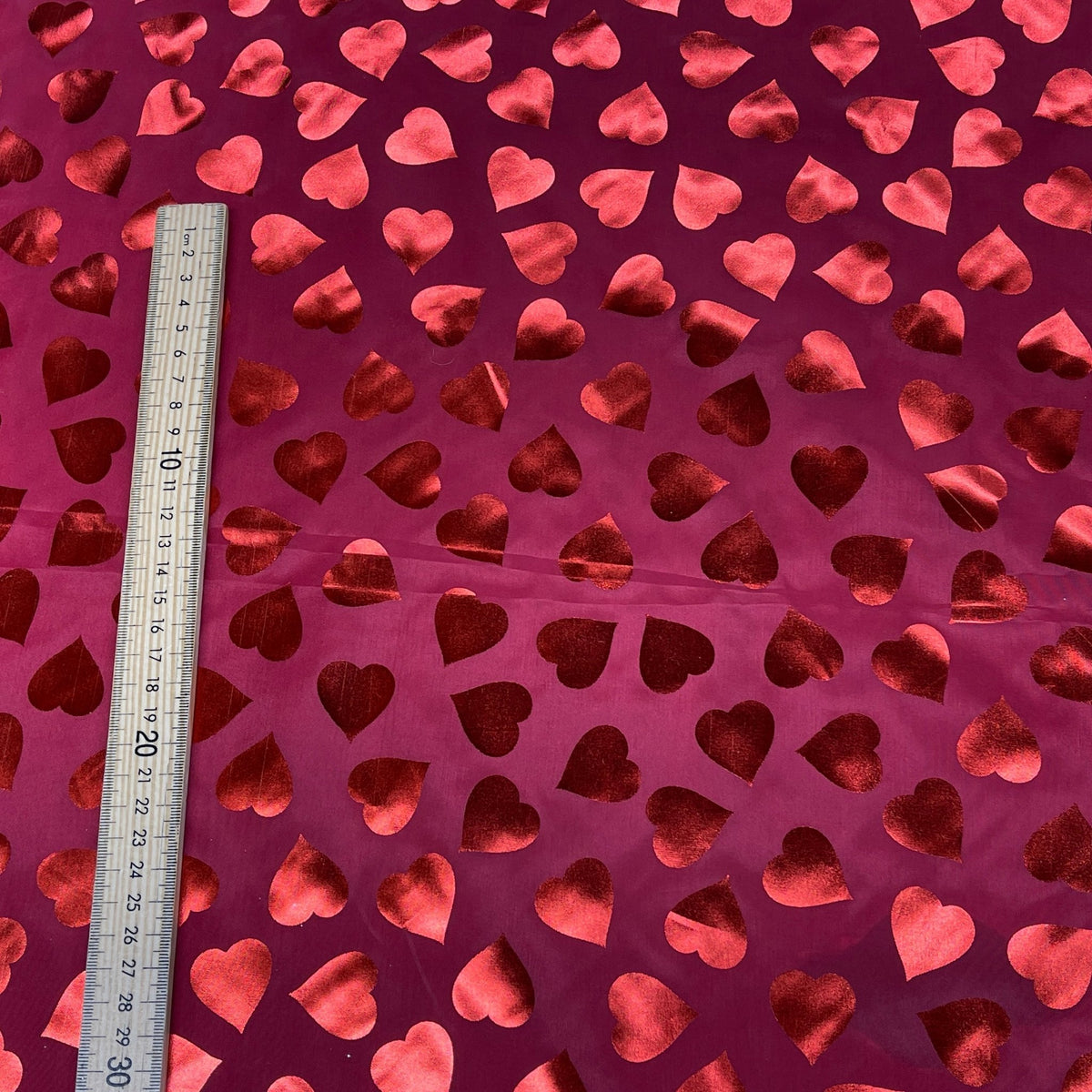 Red Love Foil Hearts Taffeta Fabric, Red - Bull Ring Fabrics