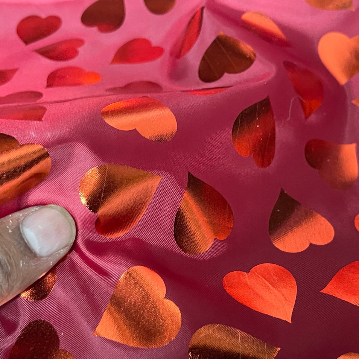 Red Love Foil Hearts Taffeta Fabric, Red - Bull Ring Fabrics
