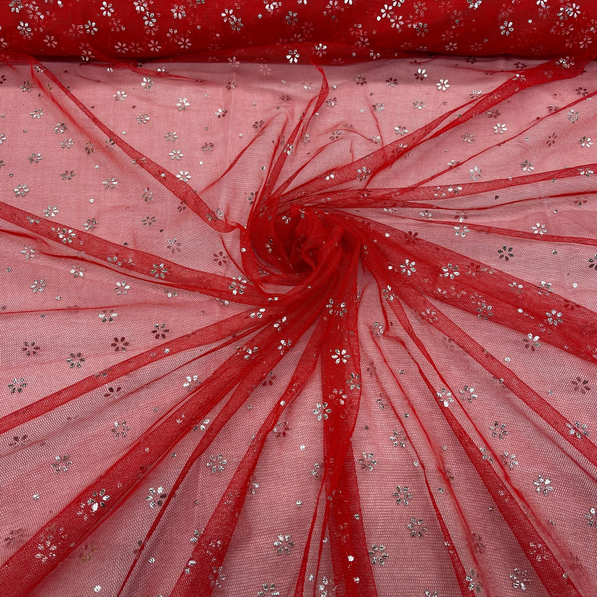 Red Mesh Tulle Net Fabric Metallic Silver Floral Sheer Dress Craft Material - Bull Ring Fabrics