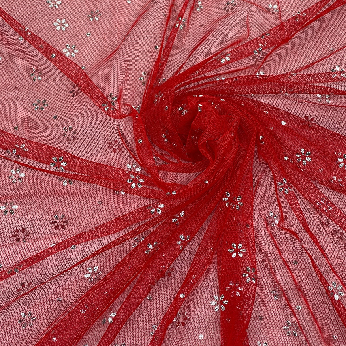 Red Mesh Tulle Net Fabric Metallic Silver Floral Sheer Dress Craft Material - Bull Ring Fabrics