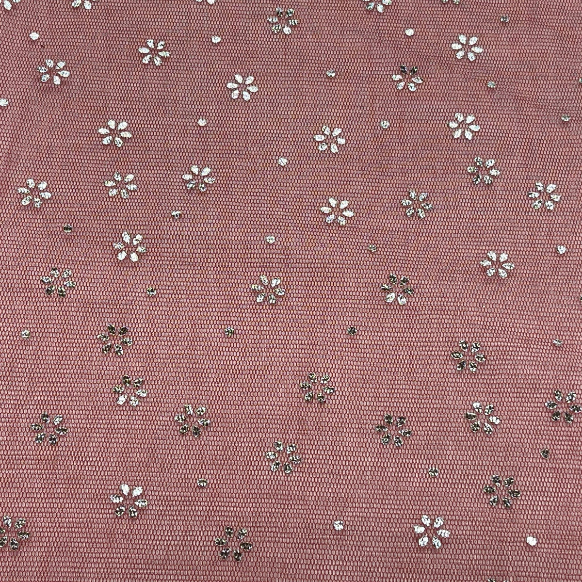 Red Mesh Tulle Net Fabric Metallic Silver Floral Sheer Dress Craft Material - Bull Ring Fabrics