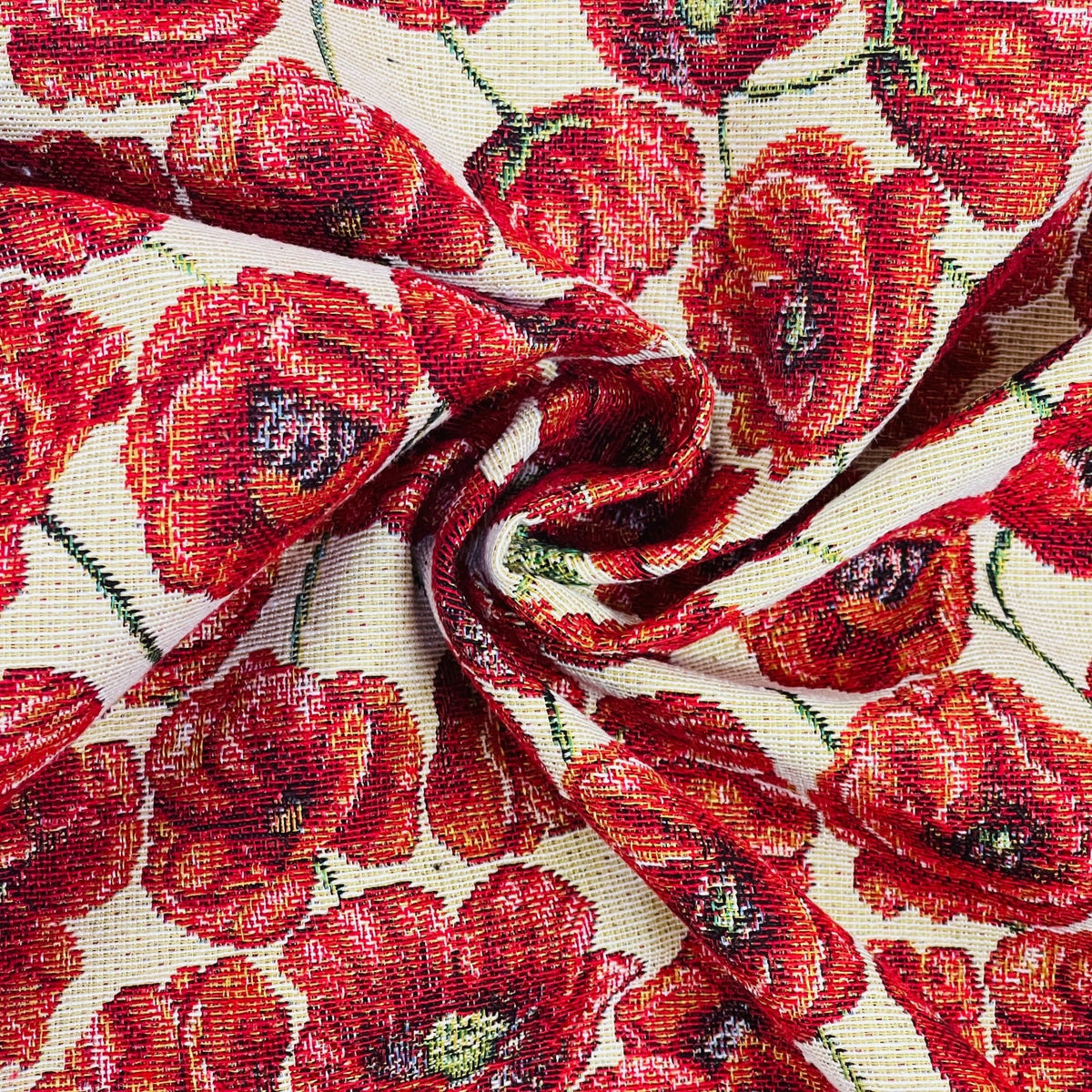 Red Poppies Floral Tapestry Upholstery Fabric 140cm - Bull Ring Fabrics