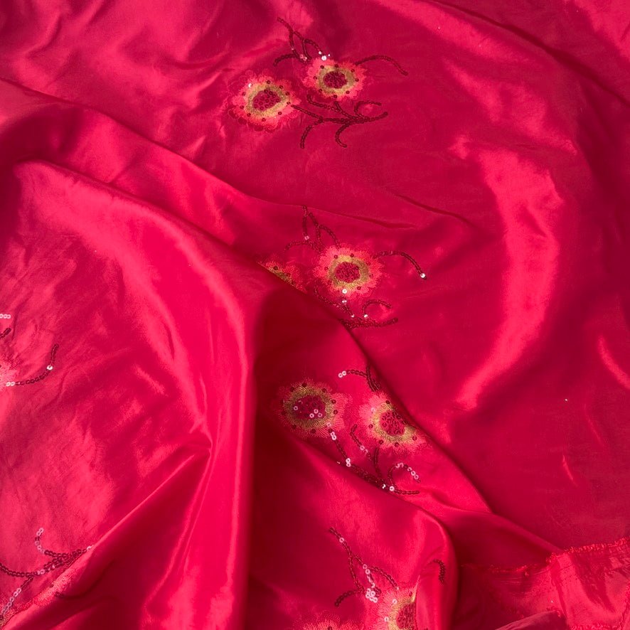 Red Taffeta Fabric Floral Sequins Embroidery Dress Material 60" - Bull Ring Fabrics