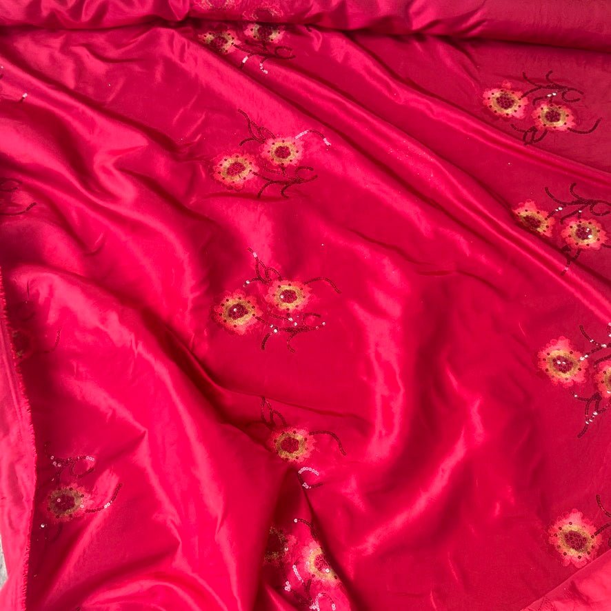 Red Taffeta Fabric Floral Sequins Embroidery Dress Material 60" - Bull Ring Fabrics