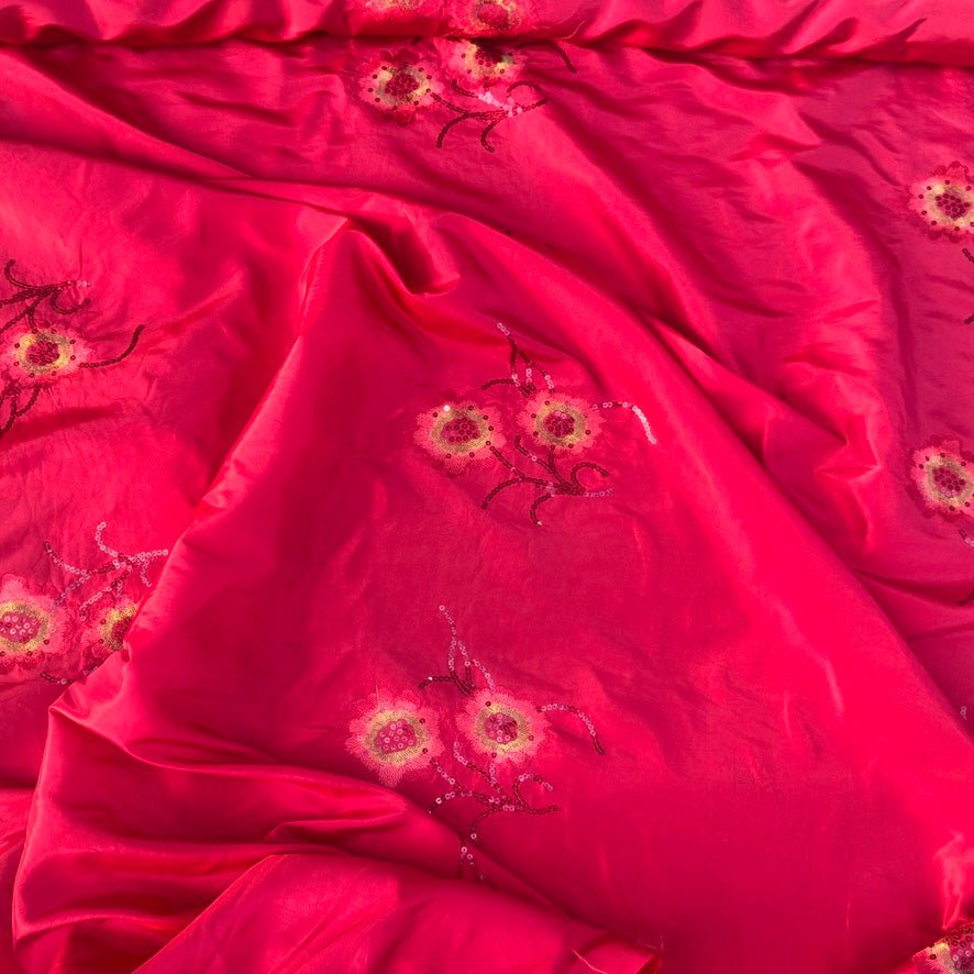 Red Taffeta Fabric Floral Sequins Embroidery Dress Material 60" - Bull Ring Fabrics