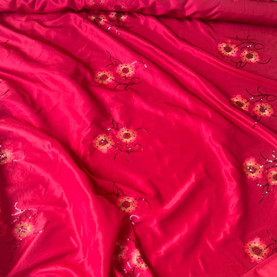 Red Taffeta Fabric Floral Sequins Embroidery Dress Material 60" - Bull Ring Fabrics