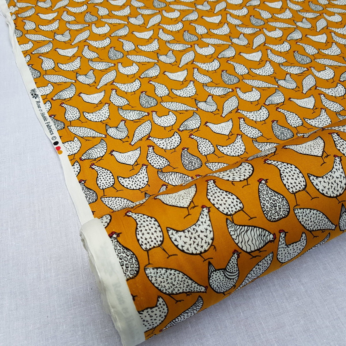 Rose Hubble Chicken Print Cotton Fabric Sewing Craft Quilting 45", Mustard - Bull Ring Fabrics