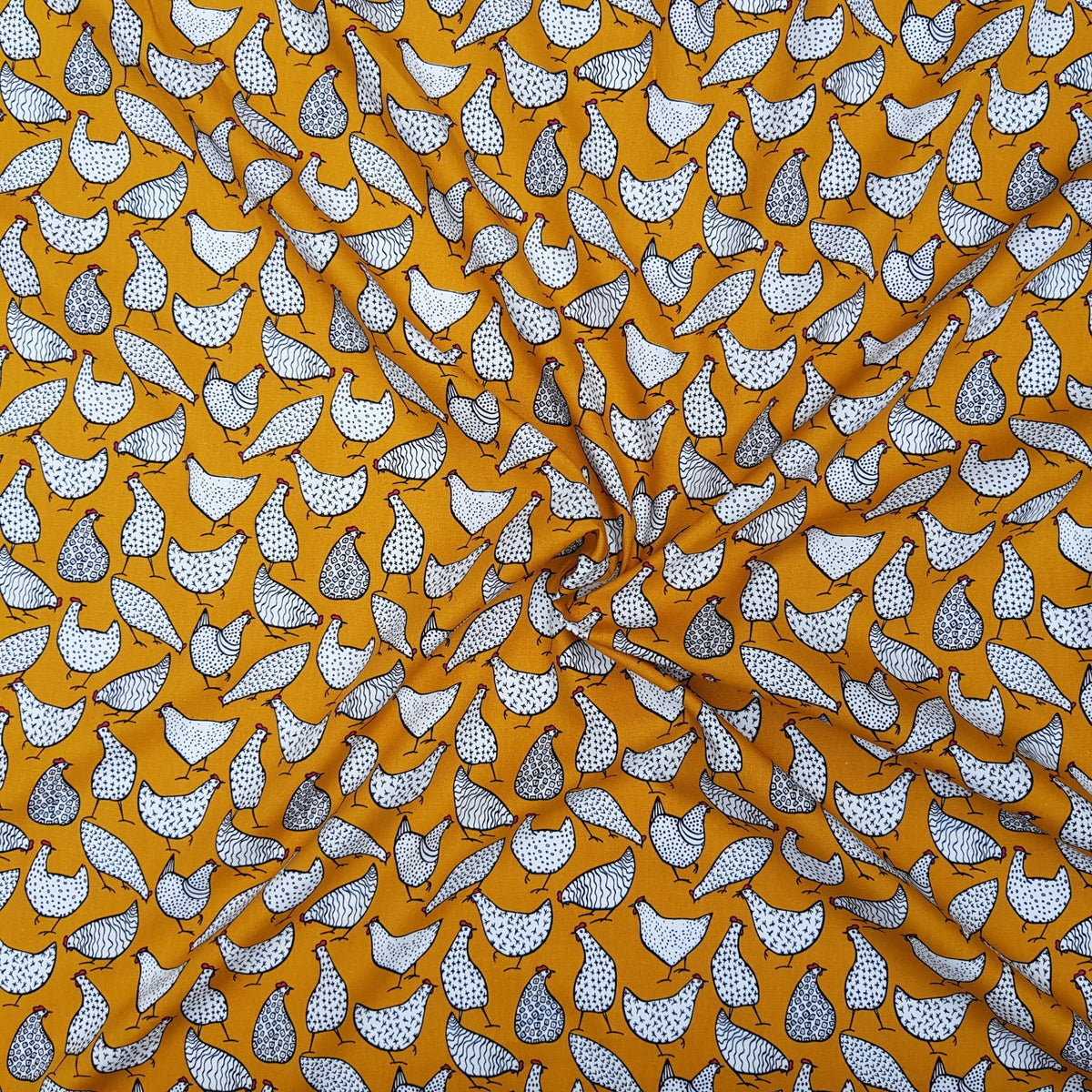 Rose Hubble Chicken Print Cotton Fabric Sewing Craft Quilting 45", Mustard - Bull Ring Fabrics