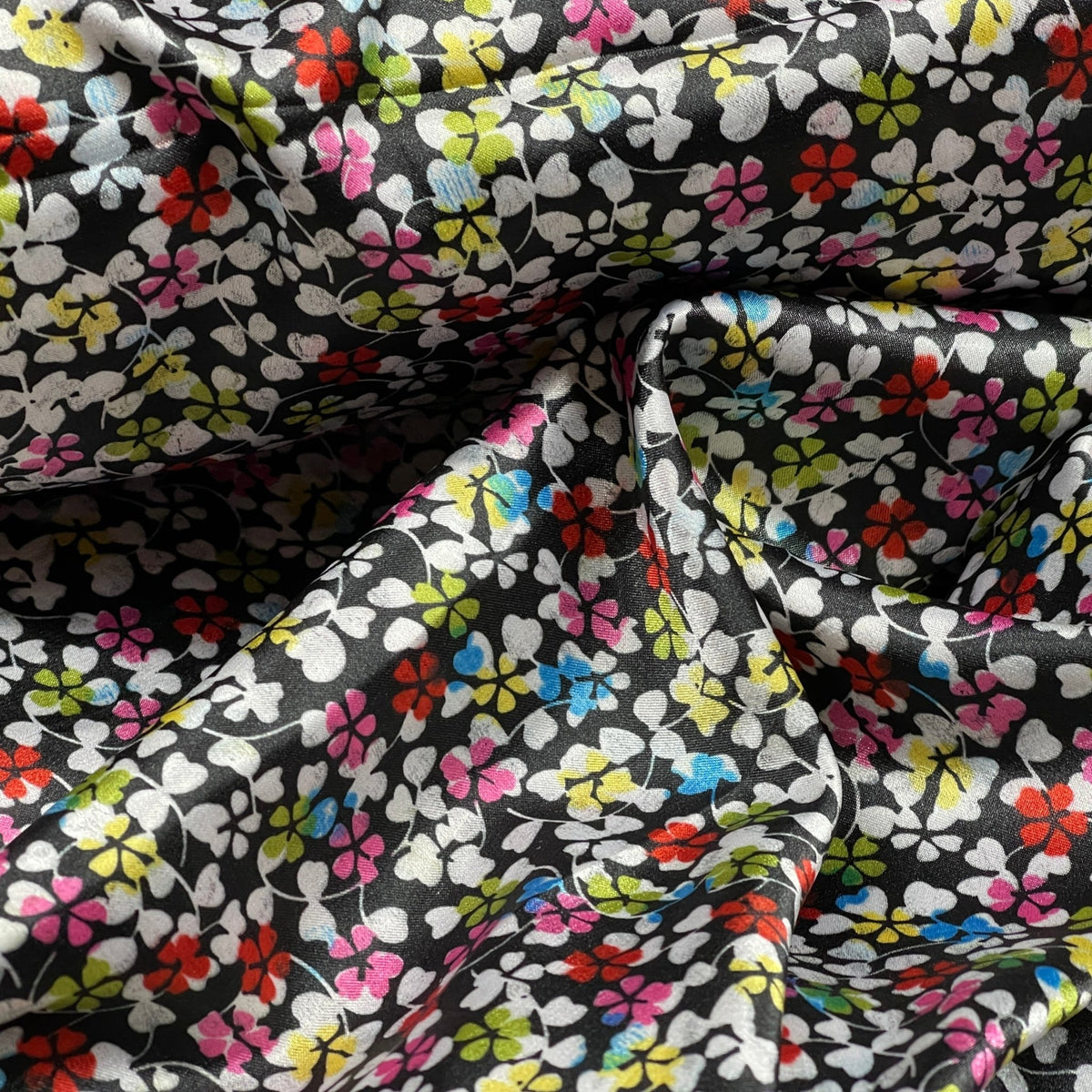 Small Ditsy Flowers Colorful Floral Satin Print Fabric 60", Black - Bull Ring Fabrics
