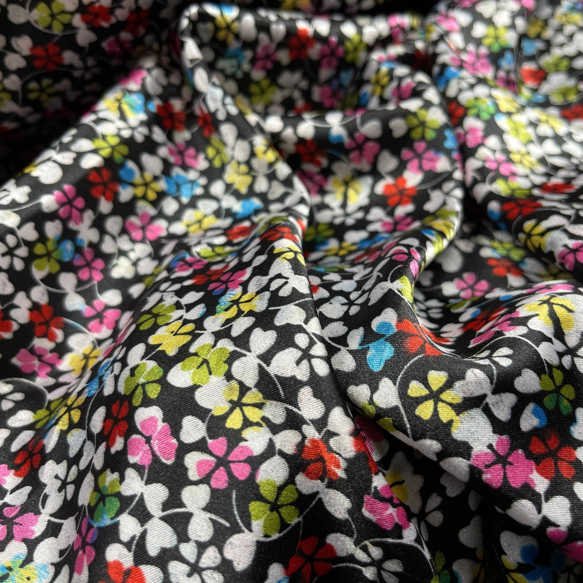 Small Ditsy Flowers Colorful Floral Satin Print Fabric 60", Black - Bull Ring Fabrics