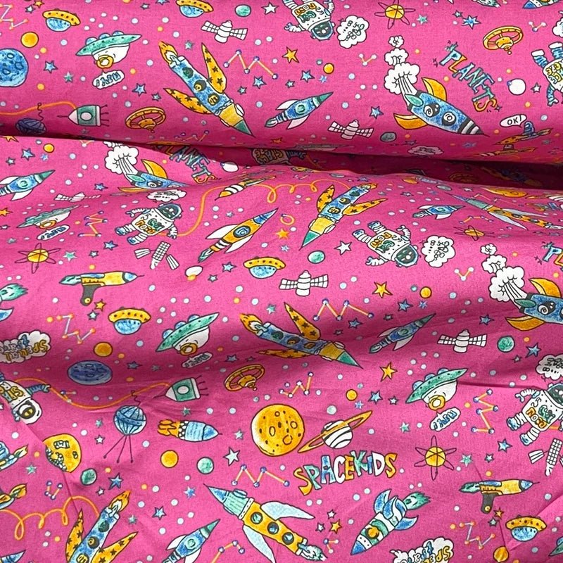 Space Kids Scifi Rose & Hubble 100% Cotton Poplin Fabric 45", Cerise Pink - Bull Ring Fabrics