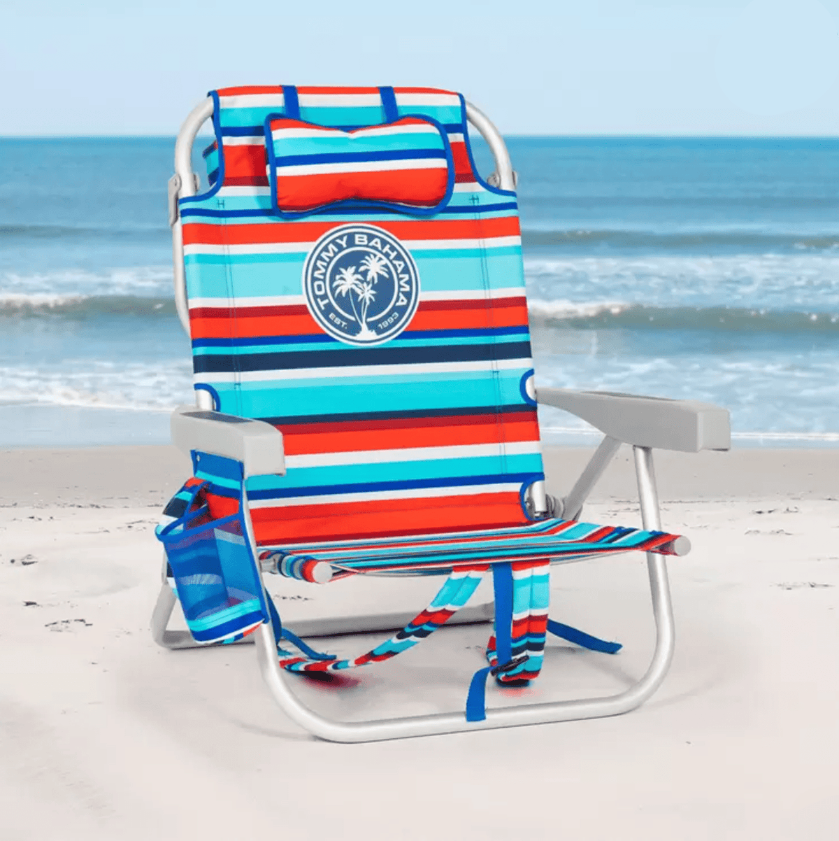 Tommy Bahama 5-Position Backpack Beach Chair Insulated Pouch Pillow 136kg NEW - Bull Ring Fabrics